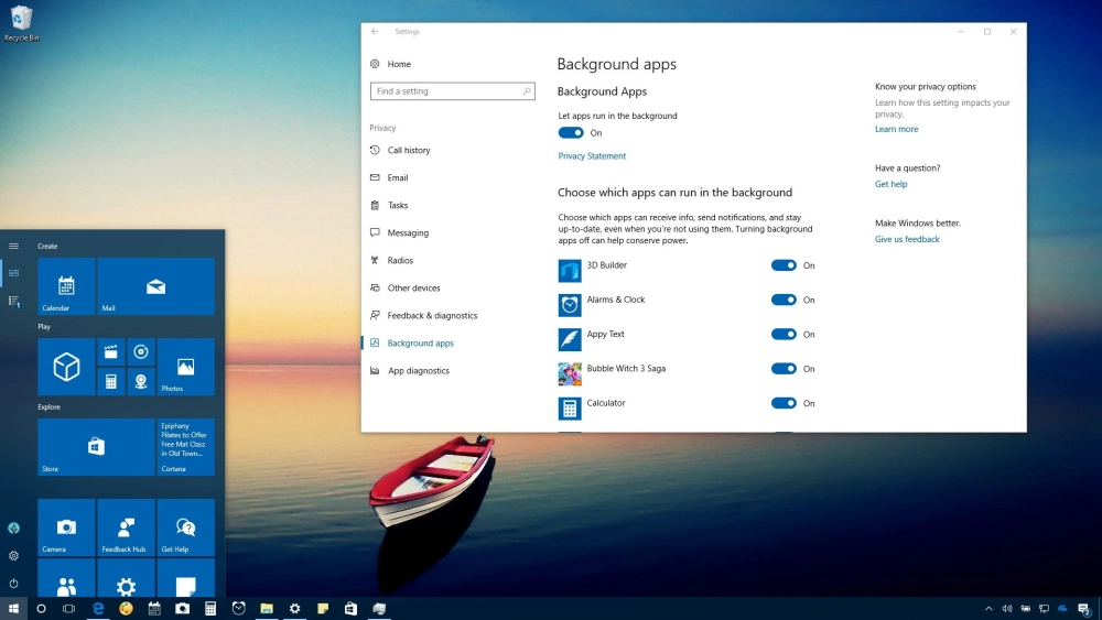 Màn hình cài đặt “Ứng dụng chạy nền” trên Windows 10
